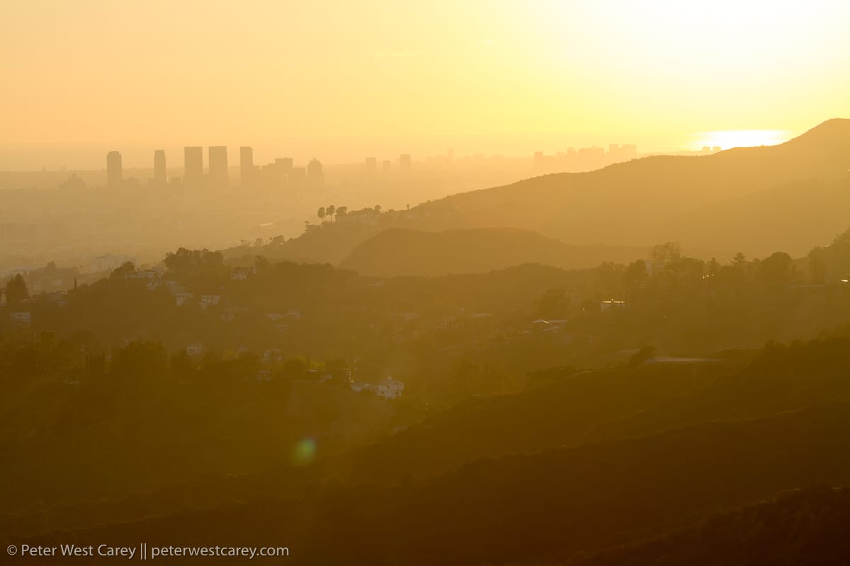 Santa Monica buildings in silhouette at sunset – USA – California – Los Angeles
